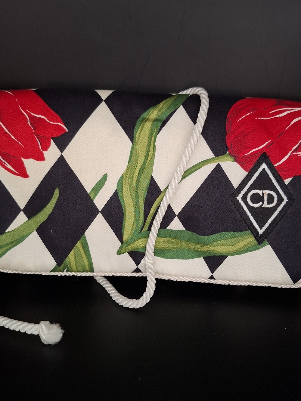 Christian Dior Black And White Harlequin Pattern With Red Tulips Jewlery Roll
